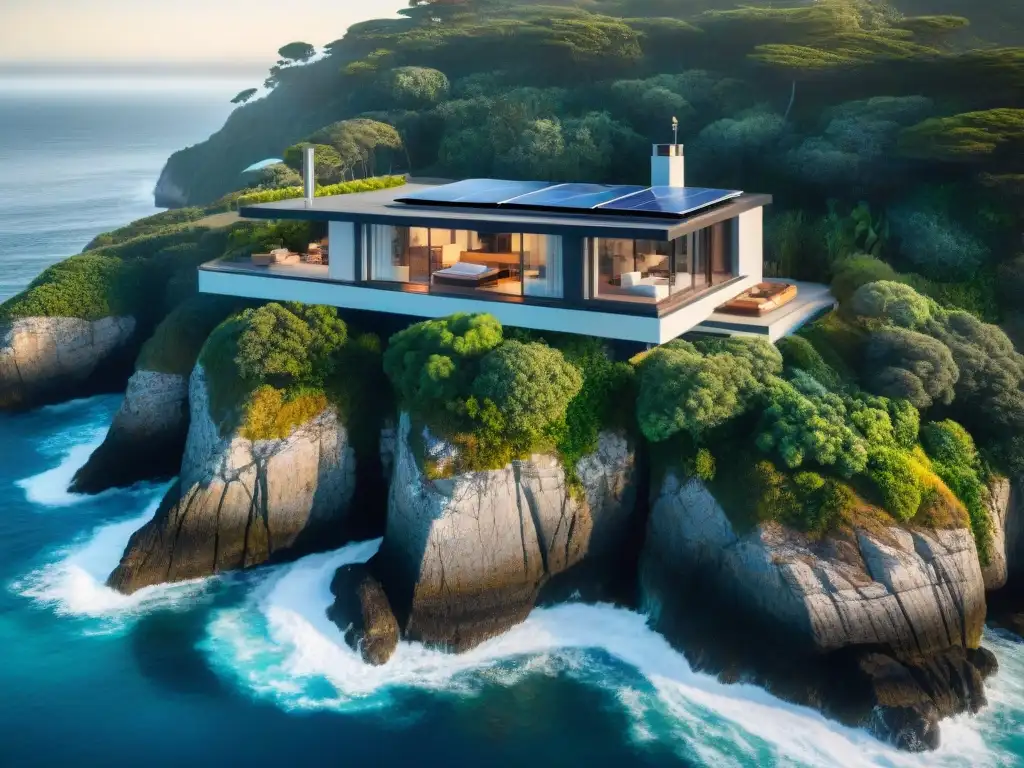 Casa sostenible en acantilado con vista al mar Residencia costera sostenible autónoma en acantilado, con paneles solares, amplias ventanas y sistema de recolección de agua