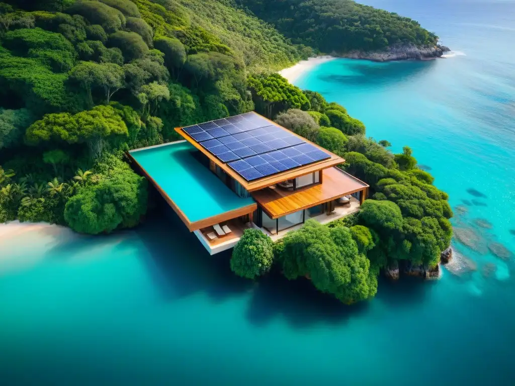 Residencia costera sostenible: lujo en armonía con la naturaleza Residencia costera sostenible rodeada de exuberante vegetación y aguas turquesa