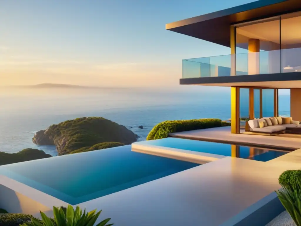Residencia costera: diseño elegante a la luz del amanecer Residencia de diseño con vistas al mar bañada por el amanecer dorado, reflejando elegancia y armonía costera