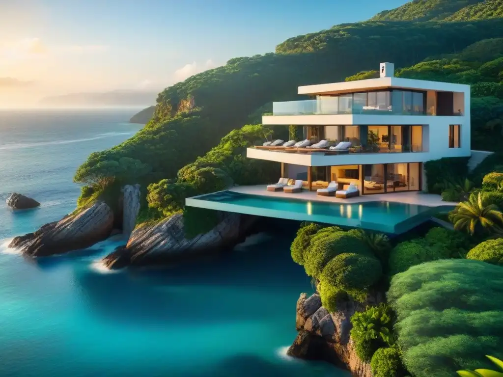 Propiedad costera de lujo: vista panorámica en acantilado Residencia de lujo en acantilado con piscina infinita y vistas al mar turquesa al atardecer