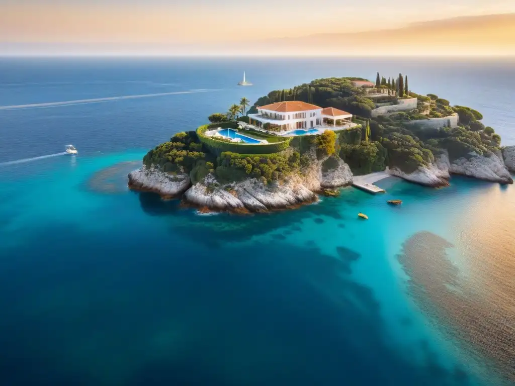 Residencia de lujo en acantilado sobre el mar Mediterráneo Residencia de lujo en acantilado con piscina infinita, rodeada de vegetación y vista al mar Mediterráneo al atardecer