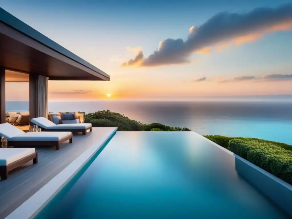 Residencia de lujo frente al mar con piscina infinita al atardecer Residencia de lujo en la costa con diseño moderno, terraza y piscina privada, reflejando el atardecer