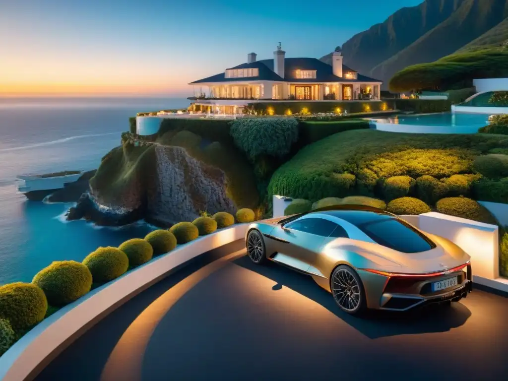 Residencia de lujo en acantilado con vista al mar Residencia de lujo en la costa con jardines, helipuerto y autos de lujo, con mayordomo y atardecer dorado
