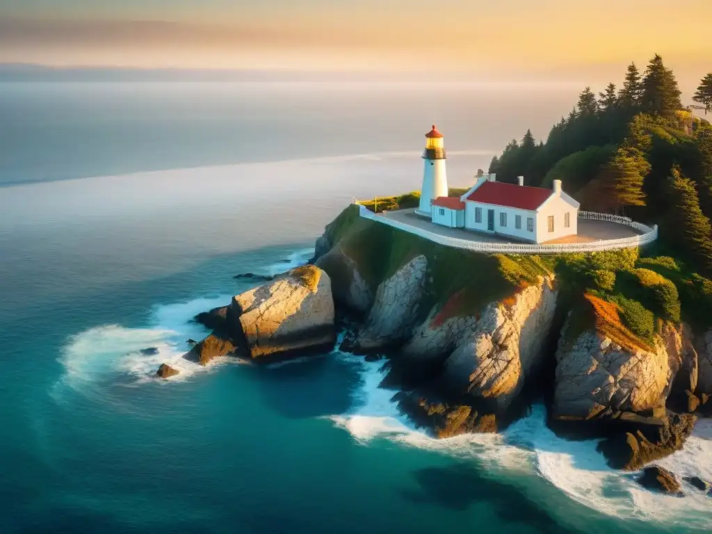 Residencia de lujo en el acantilado: atardecer dorado en el faro Vivir en la residencia de lujo del faro: atardecer dorado sobre el acantilado rocoso y el vasto océano, con gaviotas en vuelo