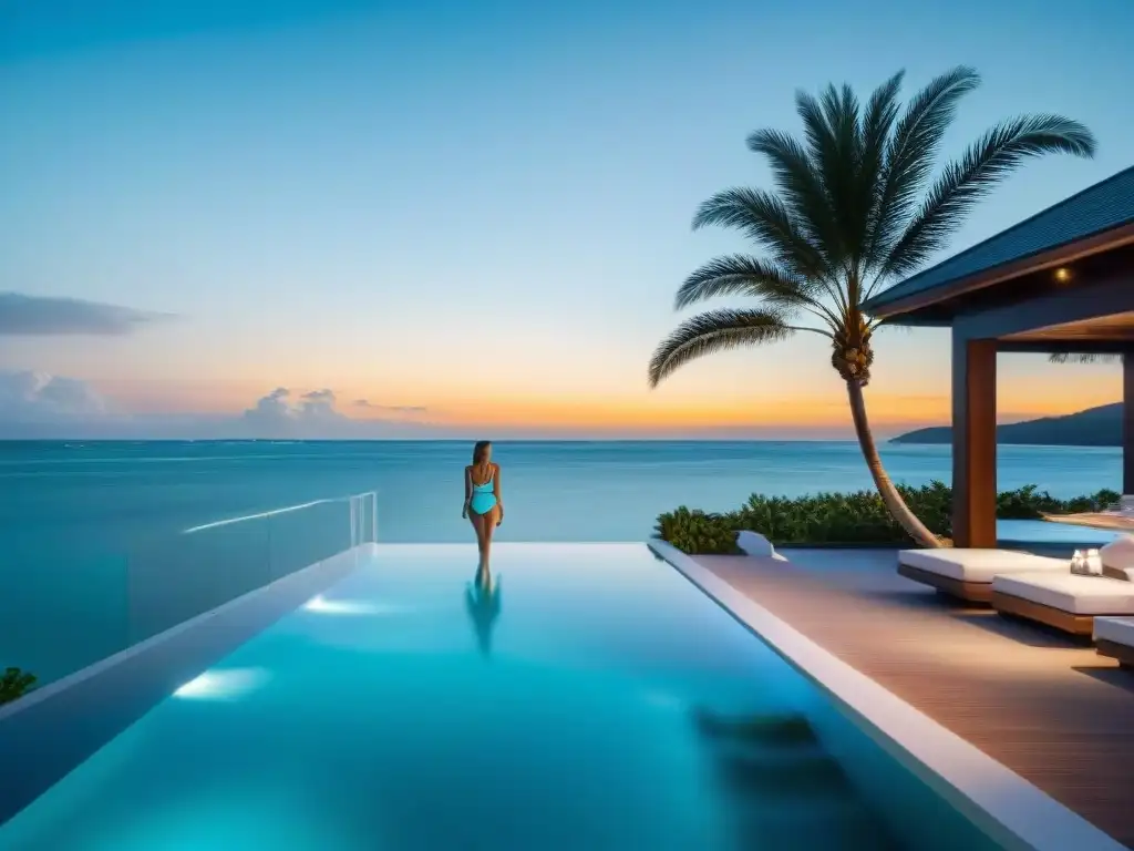 Residencia de lujo frente al mar: estilo de vida exclusivo Residencia de lujo frente a la playa con piscina infinita, palmeras y yate
