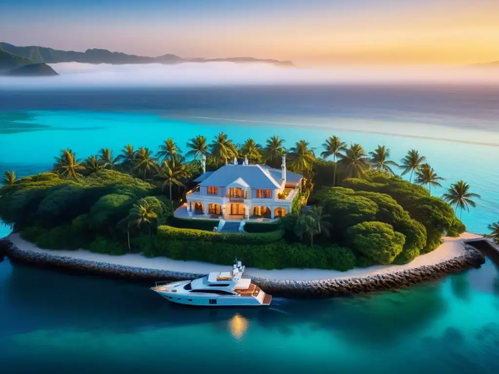 Mansión de lujo en la costa con vista aérea impresionante Residencia de lujo junto al mar concierge entre palmeras verdes y aguas turquesas, con yate privado al atardecer