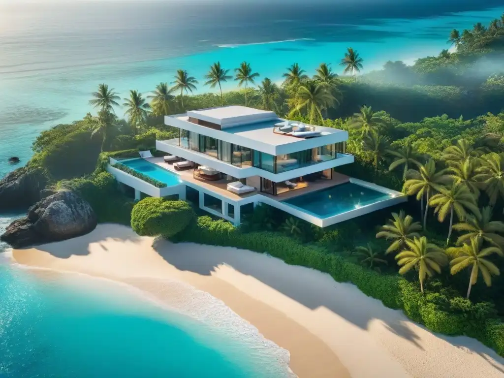 Residencia de lujo frente al mar: sueño costero hecho realidad Residencia de lujo frente al mar con vista a la playa, terraza amplia y aguas turquesa