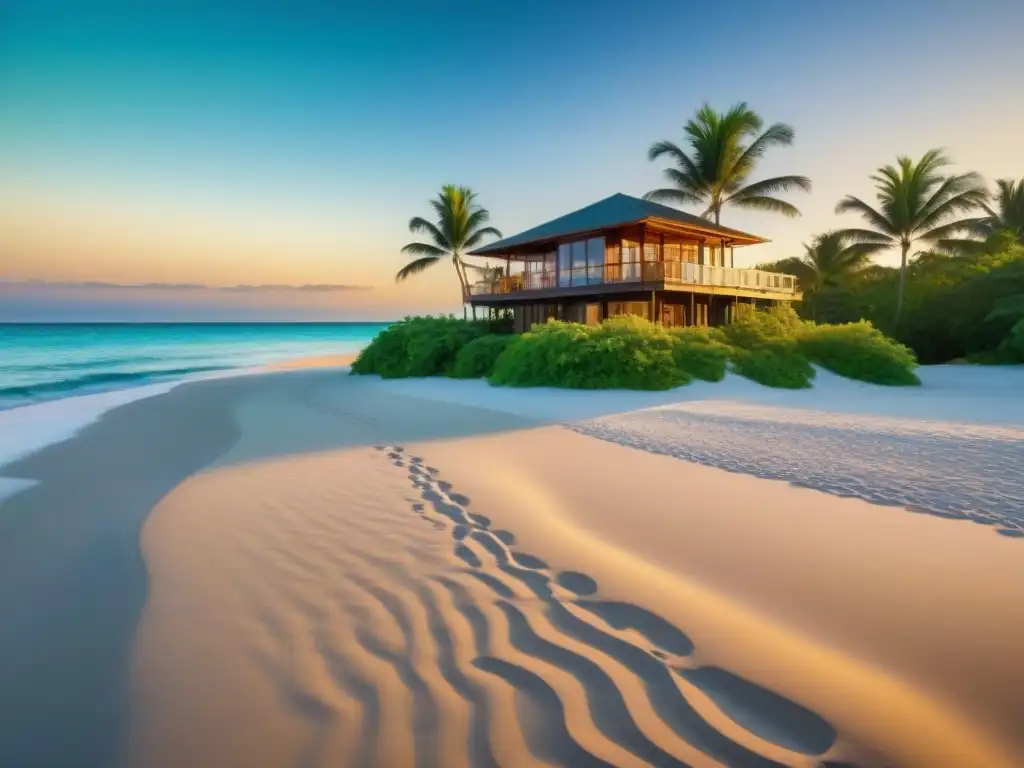 Paraíso playero: Casa de ensueño en la playa Residencia de lujo en la playa con aguas turquesas, palmera y atardecer dorado