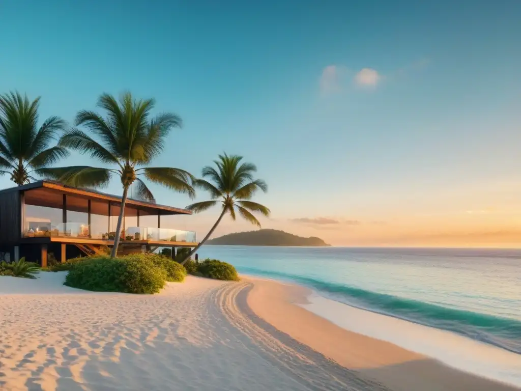 Residencia de lujo en la playa al atardecer con pareja en hamaca Residencia de lujo en la playa con pareja relajándose en hamaca