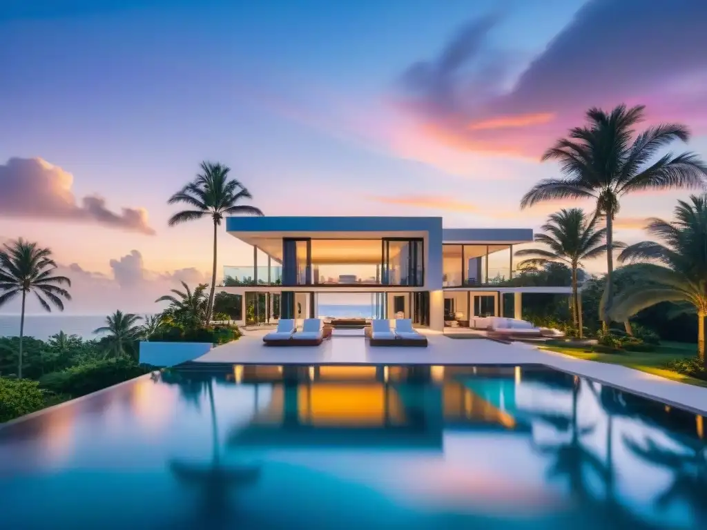 Residencia de lujo frente a la playa con alta tecnología de seguridad Residencia de lujo en la playa con seguridad premium: cámaras, sensores de movimiento y portón de alta tecnología al atardecer