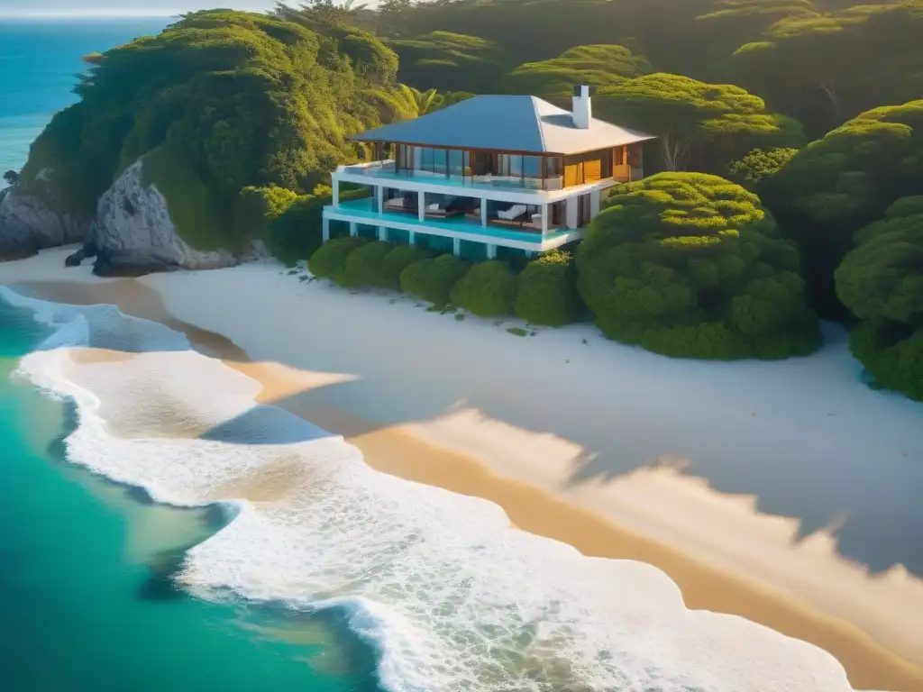 Propiedad de lujo frente al mar con playa paradisíaca y atardecer dorado Residencia de lujo en la playa con vista al mar turquesa y vegetación exuberante al atardecer