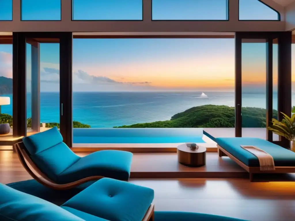 Casa de lujo frente al mar: vista panorámica Residencia de lujo en la playa con vistas al mar, terraza espaciosa y jardín exuberante