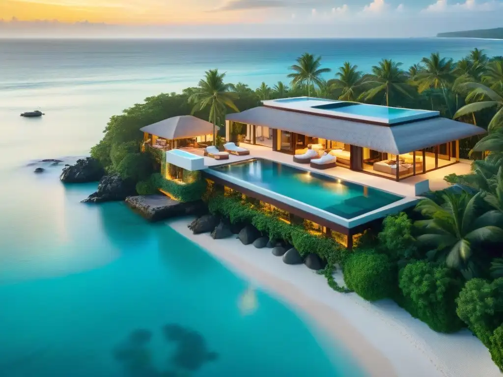 Exclusiva mansión de lujo con vista al mar en atardecer dorado Residencia de lujo en la playa con vistas al mar turquesa, piscina infinita y terraza al atardecer