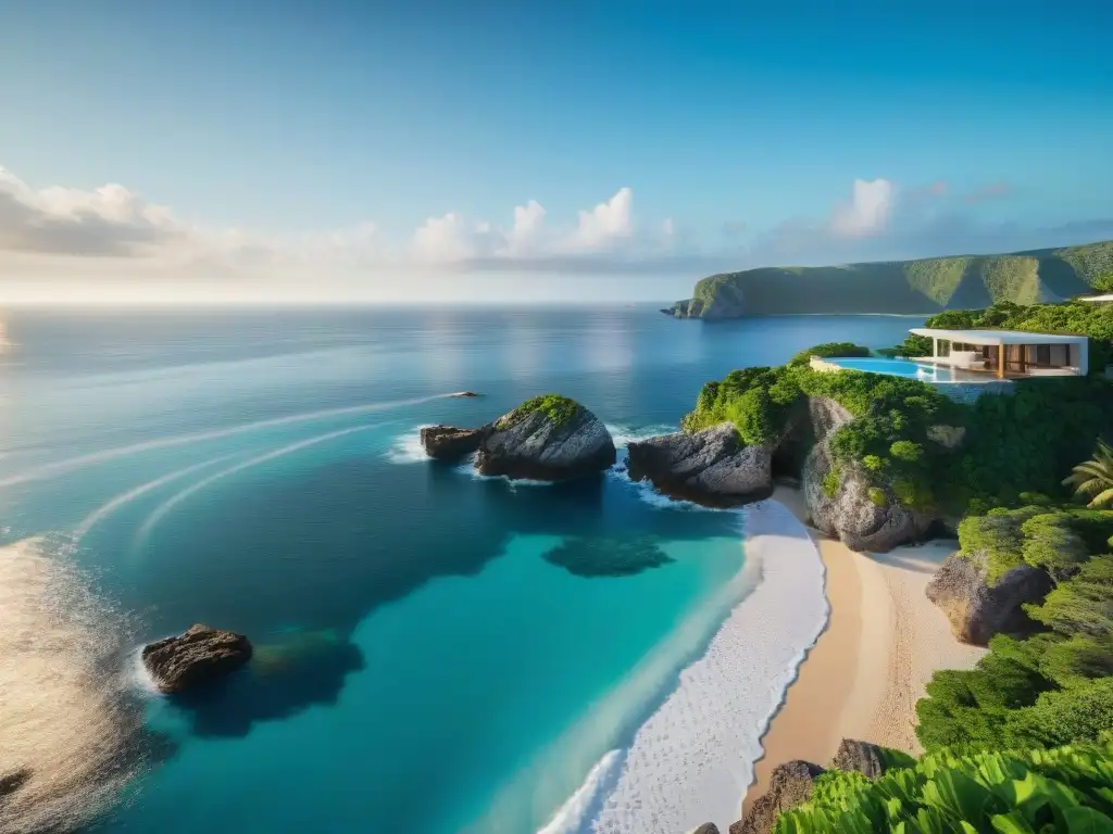 Residencia de lujo en acantilado con vista al mar Residencia lujosa en acantilado con piscina infinity privada y ventanales, rodeada de vegetación