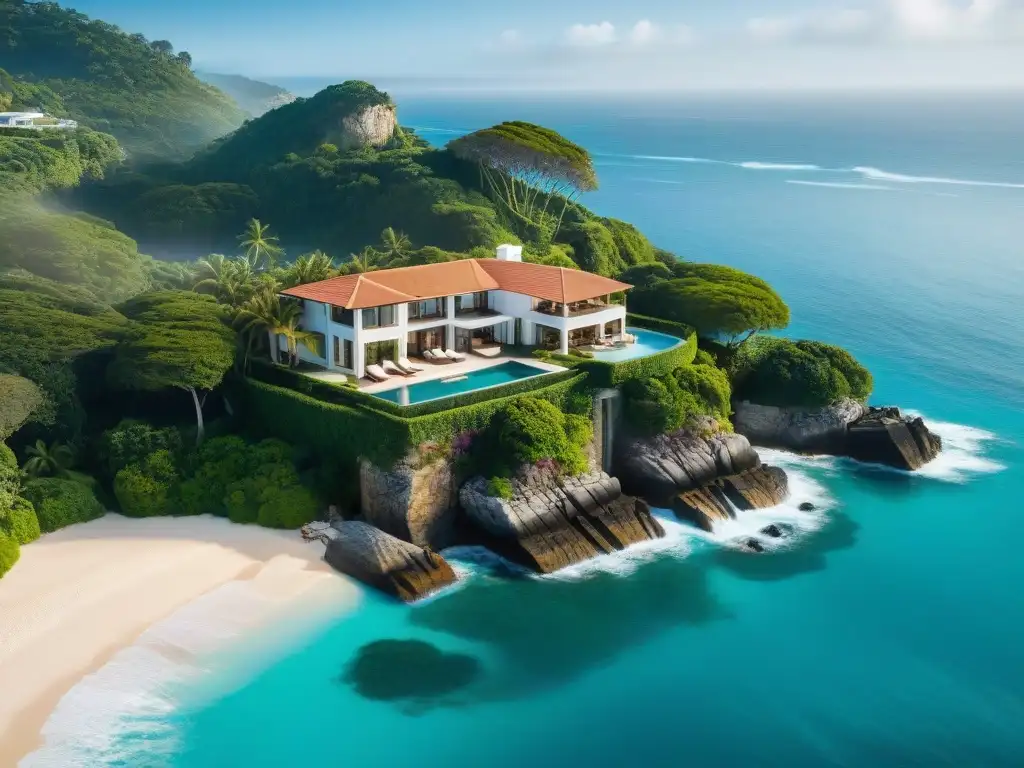 Mansión de lujo en acantilado: opulencia frente al mar Residencia lujosa en acantilado con jardines, playa privada y vistas panorámicas al mar