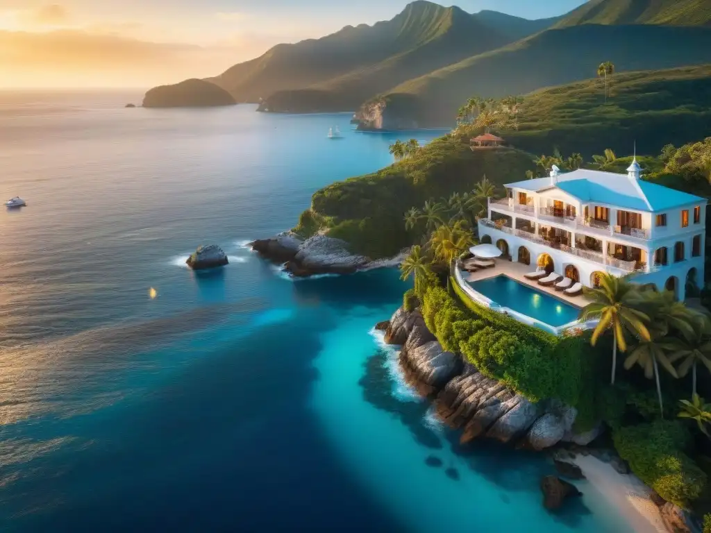Mansión de lujo en acantilado con atardecer dorado y cena romántica Residencia lujosa en acantilado con vista al mar, pareja disfrutando de cena romántica al atardecer