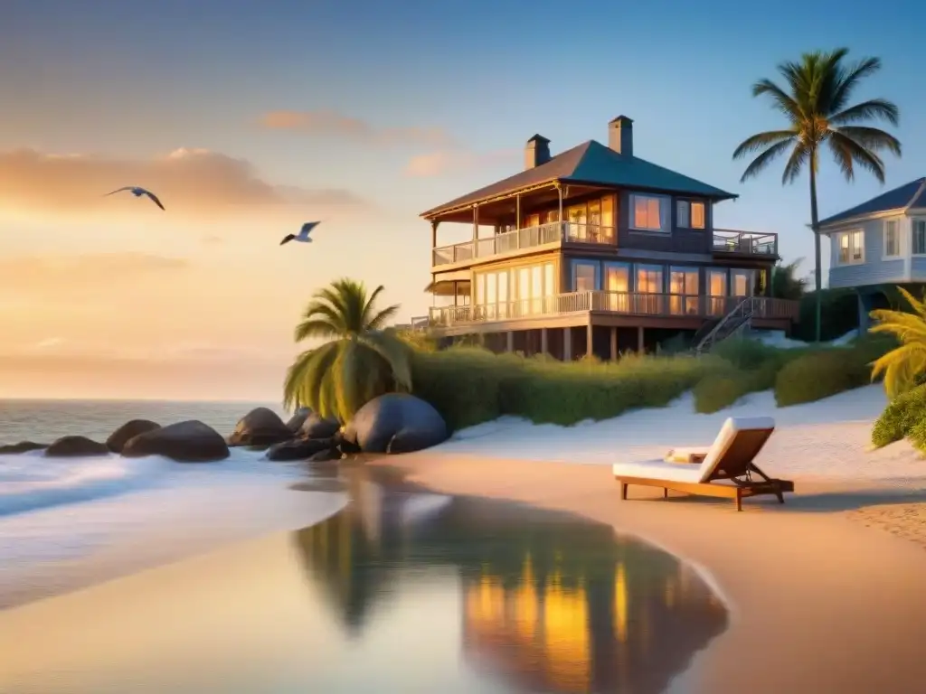Residencia de lujo en la playa al atardecer Residencia playera lujosa al atardecer, reflejando la calidez de la puesta de sol, rodeada de palmeras