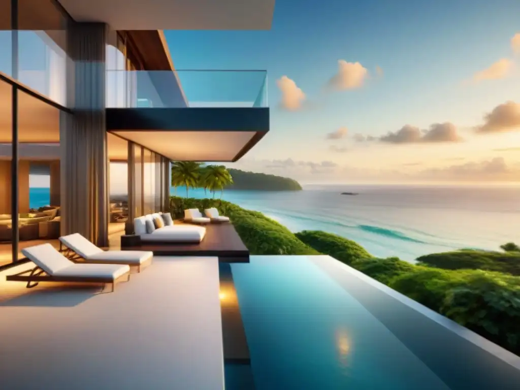 Residencia de lujo frente al mar con piscina infinita privada Una residencia lujosa frente al mar con piscina infinita privada y pareja disfrutando en terraza