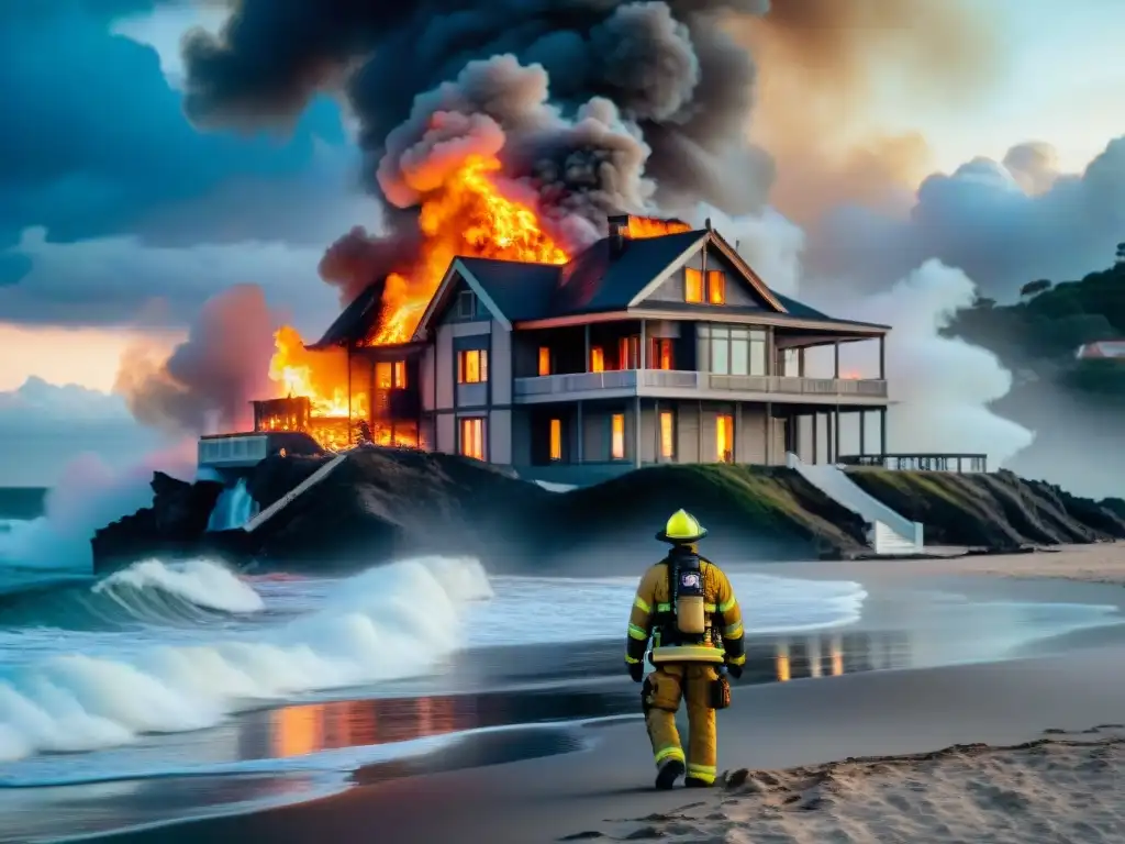 Manor de lujo en llamas: drama costero y acción de bomberos Residencia lujosa frente a la playa en llamas, bomberos trabajando para contener el incendio, el mar agitado