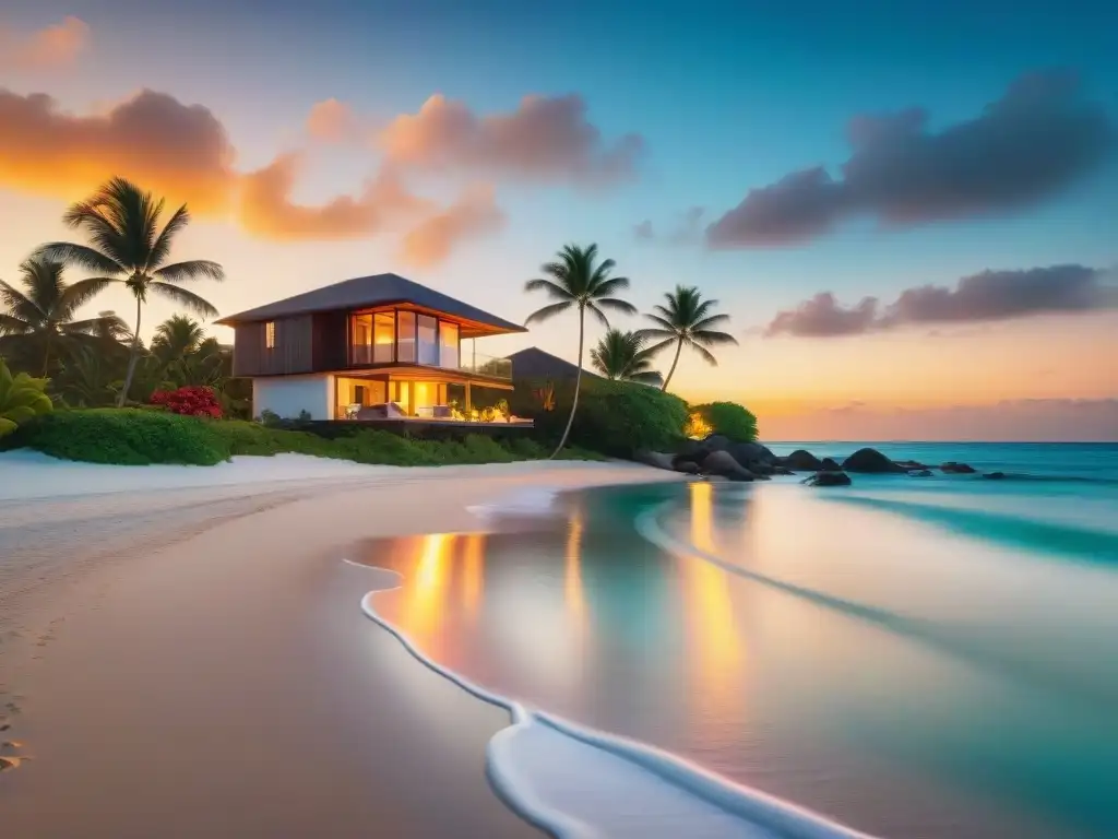 Residencia de lujo al atardecer en la playa Residencia moderna de lujo frente al mar al atardecer, reflejando la exclusividad de vivir frente al mar