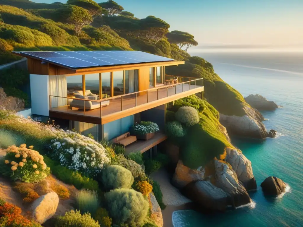 Casa sostenible frente al mar: diseño moderno y eco-friendly Residencia sostenible autónoma en acantilado con vistas al mar y jardín exuberante al atardecer