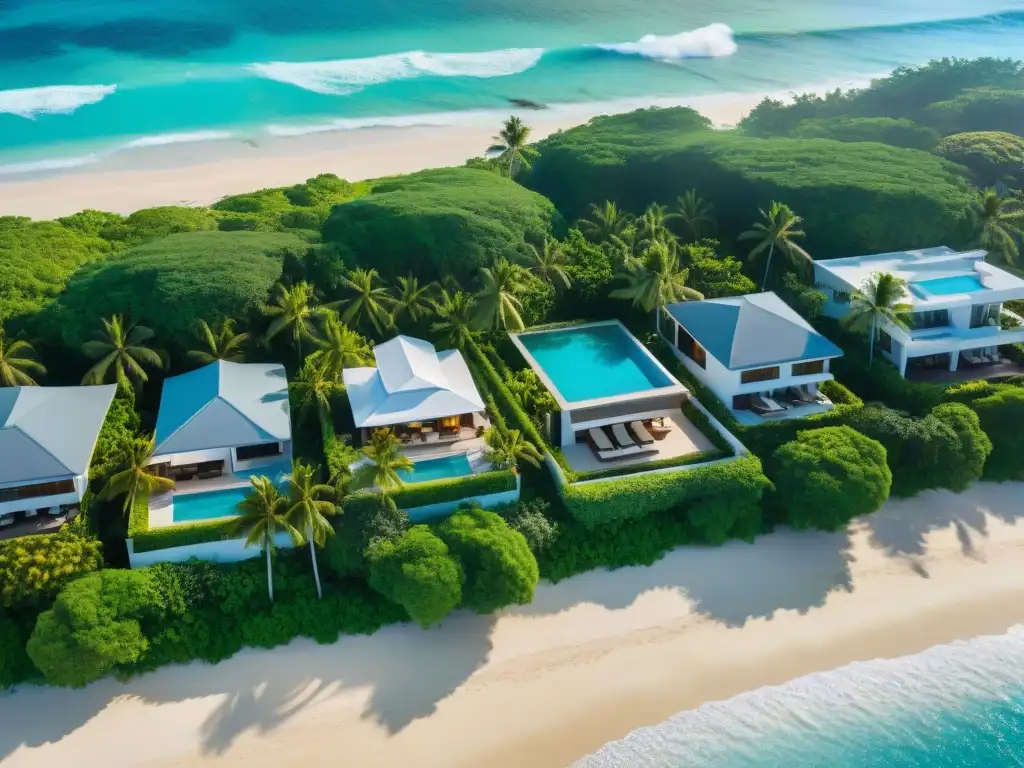 Paraíso costero: villas de lujo frente al mar Residencias de lujo en la costa con aguas cristalinas, playas doradas y palmeras