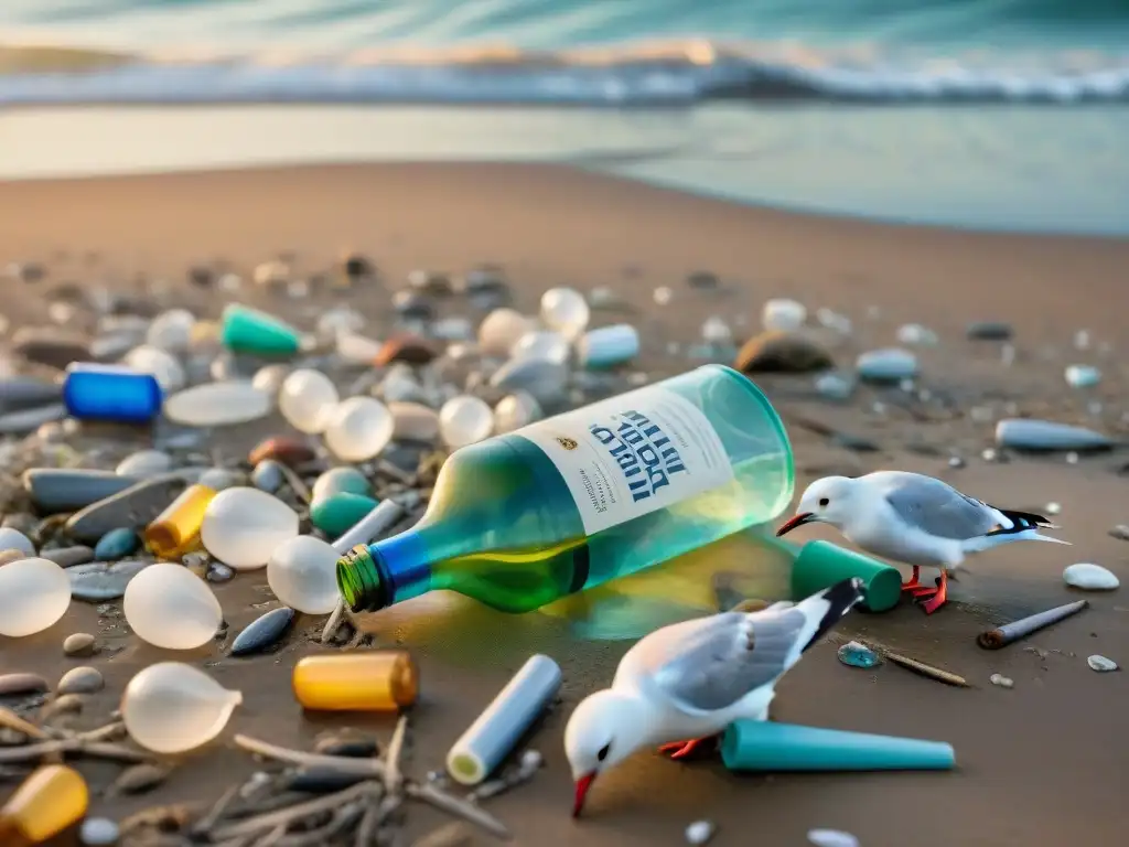 Contraste impactante: playa serena vs Residuos plásticos en destinos costeros: Un amanecer conmovedor en una playa serena, donde la belleza natural se mezcla con desechos plásticos