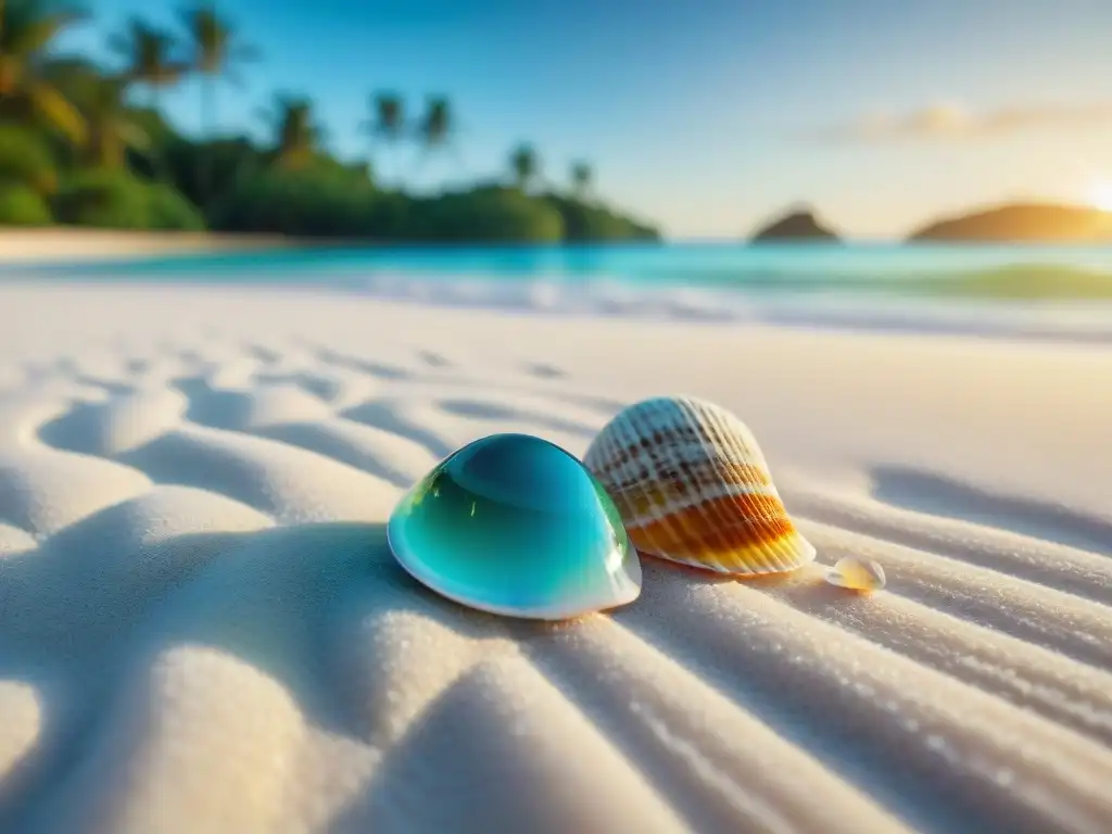 Playa paradisíaca al amanecer: arena blanca, aguas turquesa y palmeras Residuos plásticos en destinos costeros: playa idílica al amanecer con conchas y aguas cristalinas