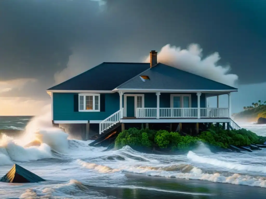 Resiliencia en la costa: Casa protegida ante huracán Resilencia de un hogar costero ante huracán, protegido por seguro, entre escombros y olas