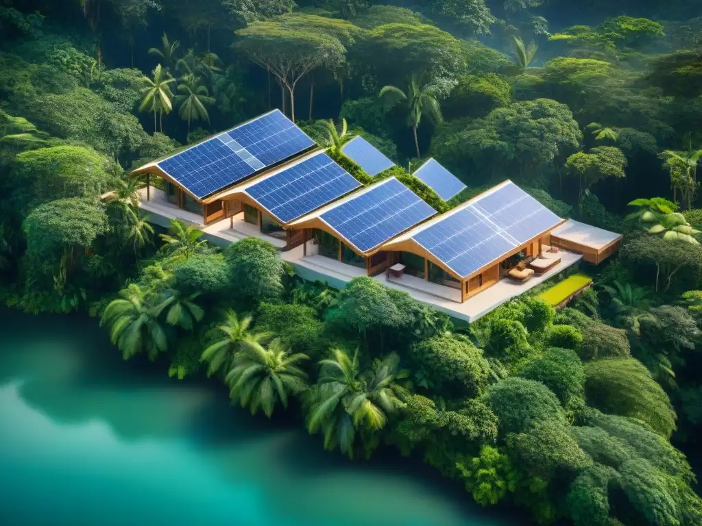 Resort ecológico en la jungla: diseño innovador y sostenible Un resort ecofriendly en la jungla, con diseño sostenible: paneles solares, techos verdes y materiales naturales