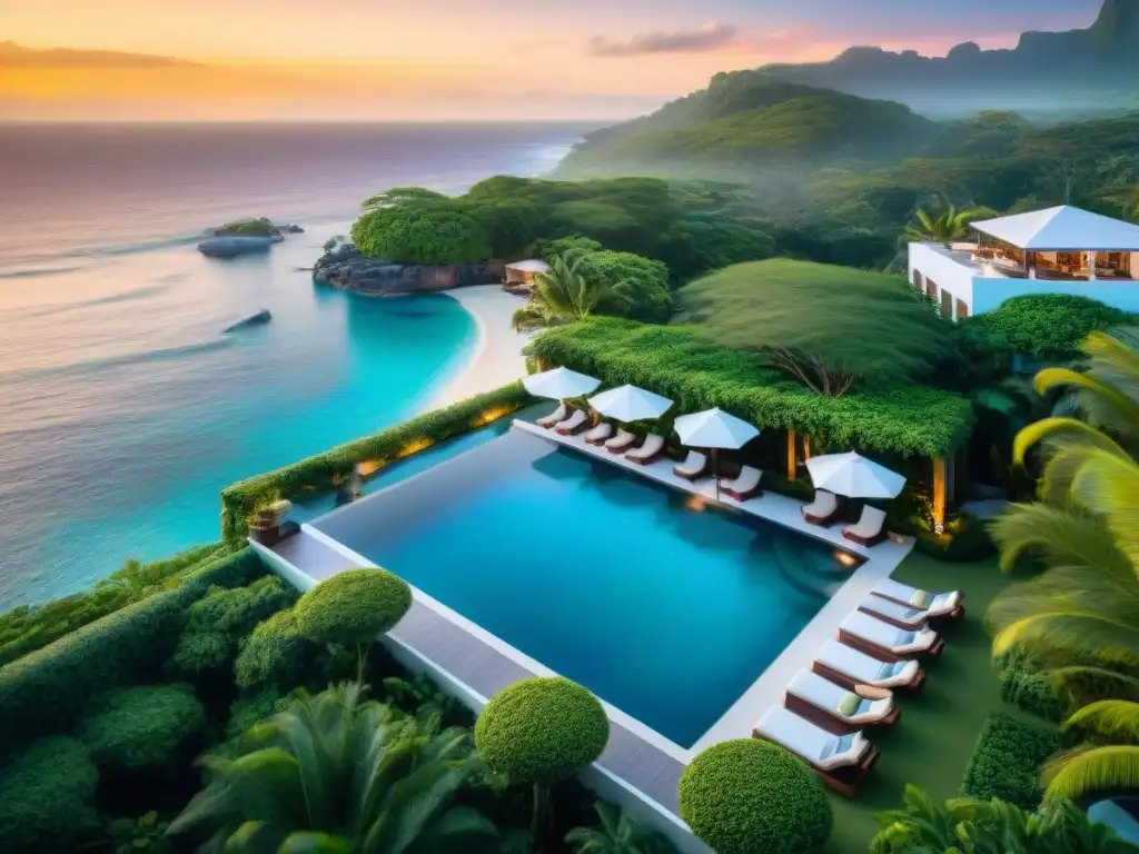 Resort de lujo frente al mar al atardecer Resorts costeros de lujo exclusivos: Atardecer en un lujoso complejo costero con piscina infinita y vistas al mar