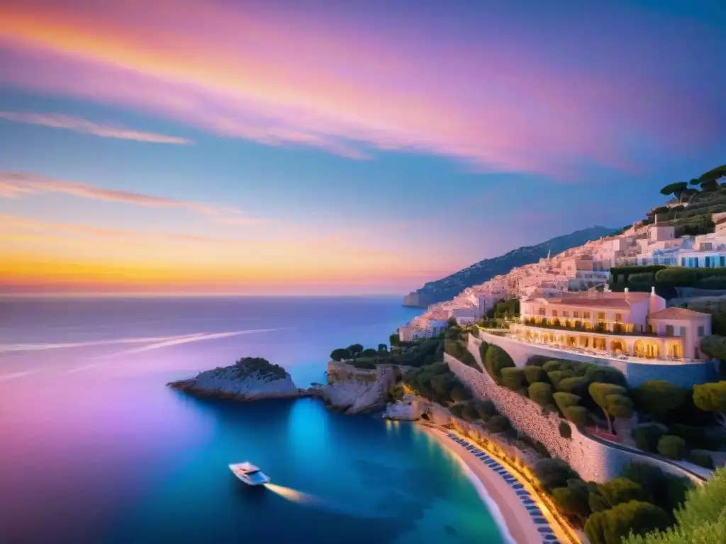 Esplendor dorado: atardecer en la Riviera Francesa Resplandeciente atardecer dorado sobre propiedades costeras de lujo Riviera, villas opulentas y yate navegando