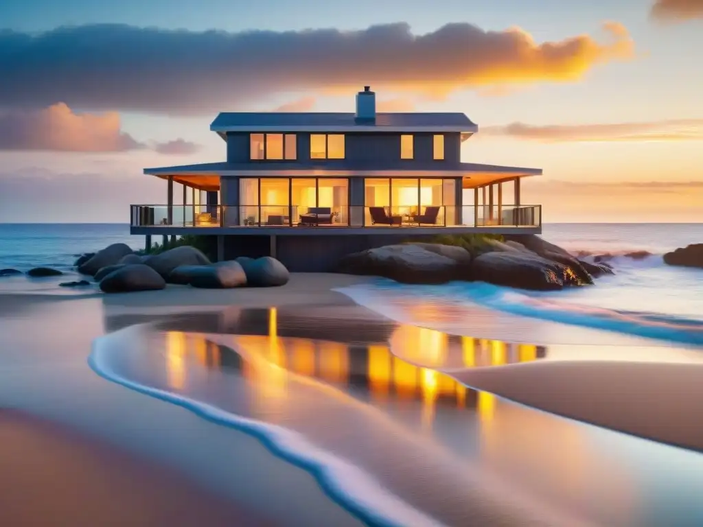 Serenidad y lujo: casa de playa al atardecer Resplandeciente atardecer en la playa con lujosa casa frente al mar
