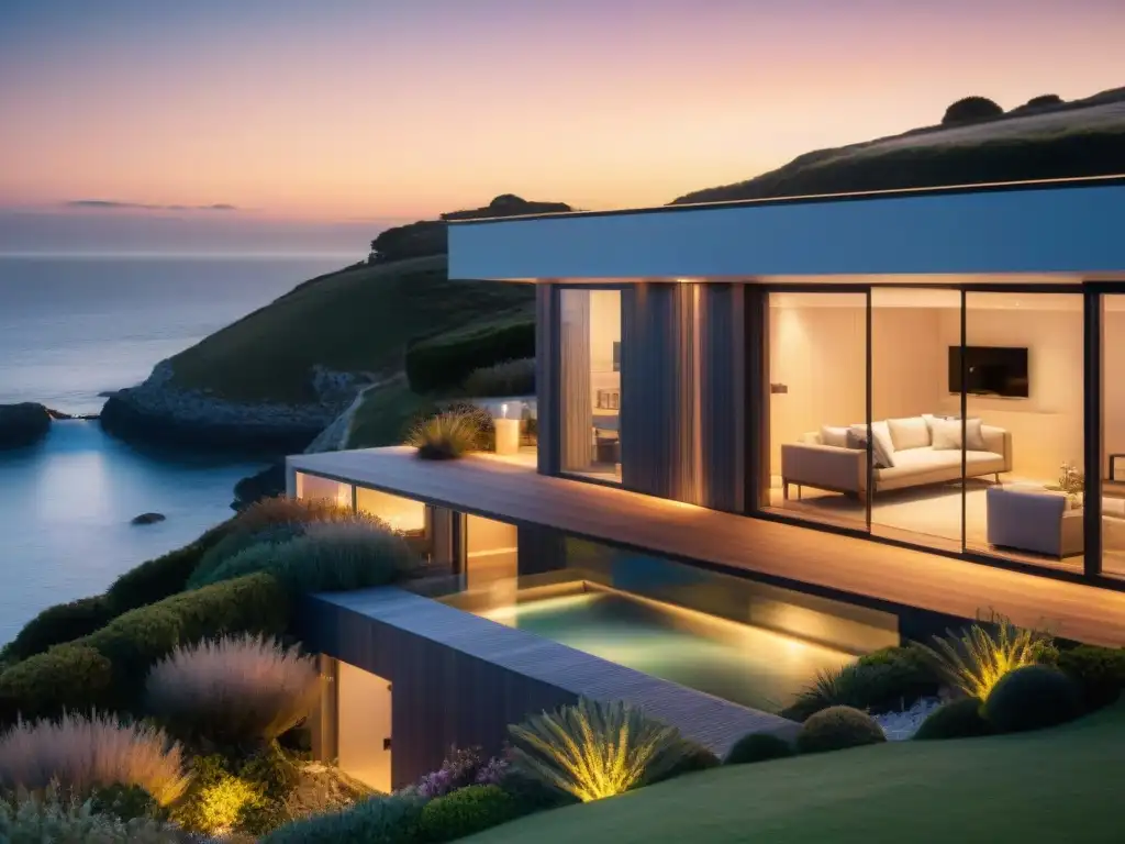 Residencia costera inteligente: seguridad y belleza al atardecer Resplandeciente casa costera con Iluminación inteligente para propiedades costeras