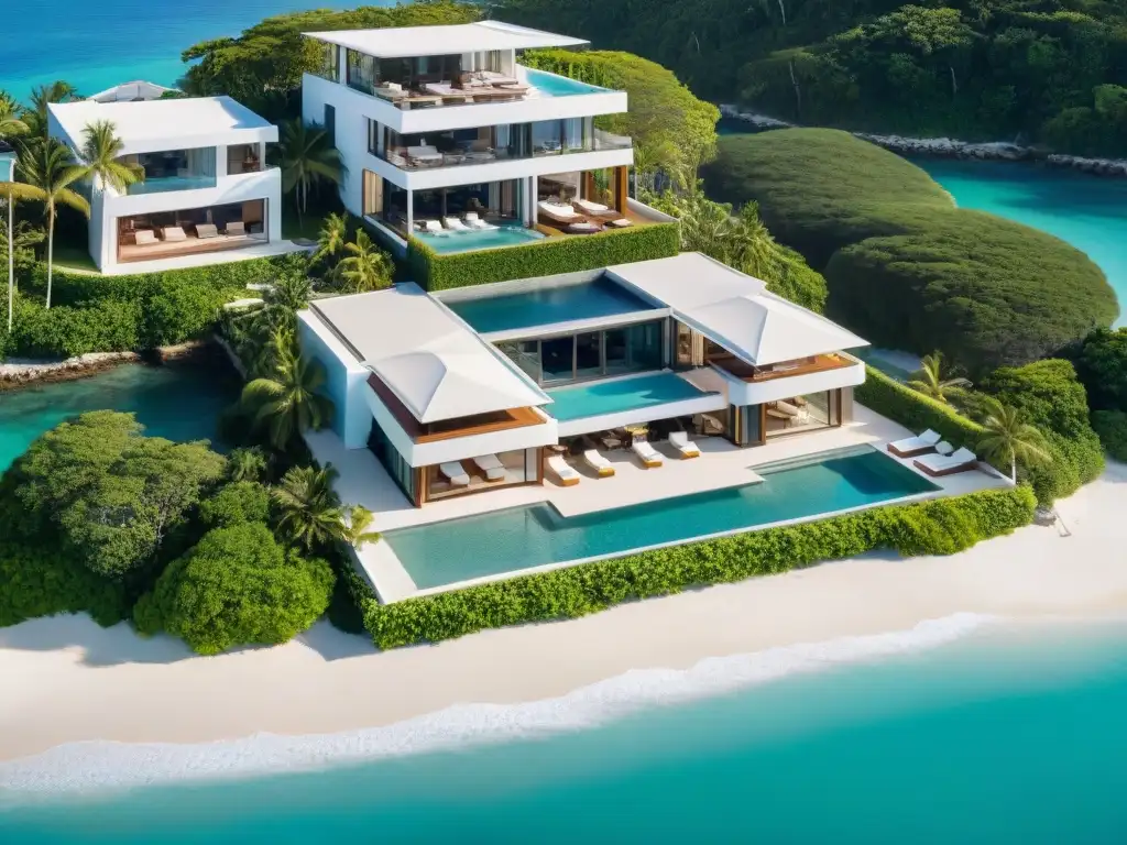 Propiedad costera de lujo con piscina infinita privada y marina exclusiva Resplandeciente propiedad costera de lujo con piscina infinita privada y exuberantes jardines tropicales, rodeada de playa blanca