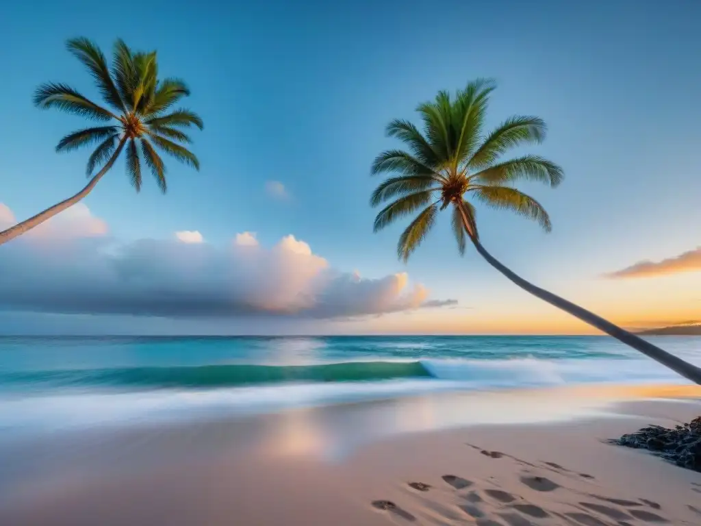 Paraíso costero al amanecer: playa serena y palmeras Restauración de propiedades costeras historias: Amanecer sereno en la playa con palmeras y aguas azules reflejando la luz del día