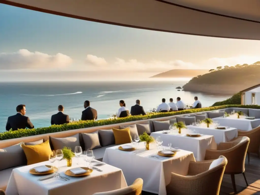 Restaurante costero de lujo bañado en luz dorada Un restaurante costero exclusivo bañado por la luz dorada del sol, con elegante mobiliario al aire libre y vistas al mar