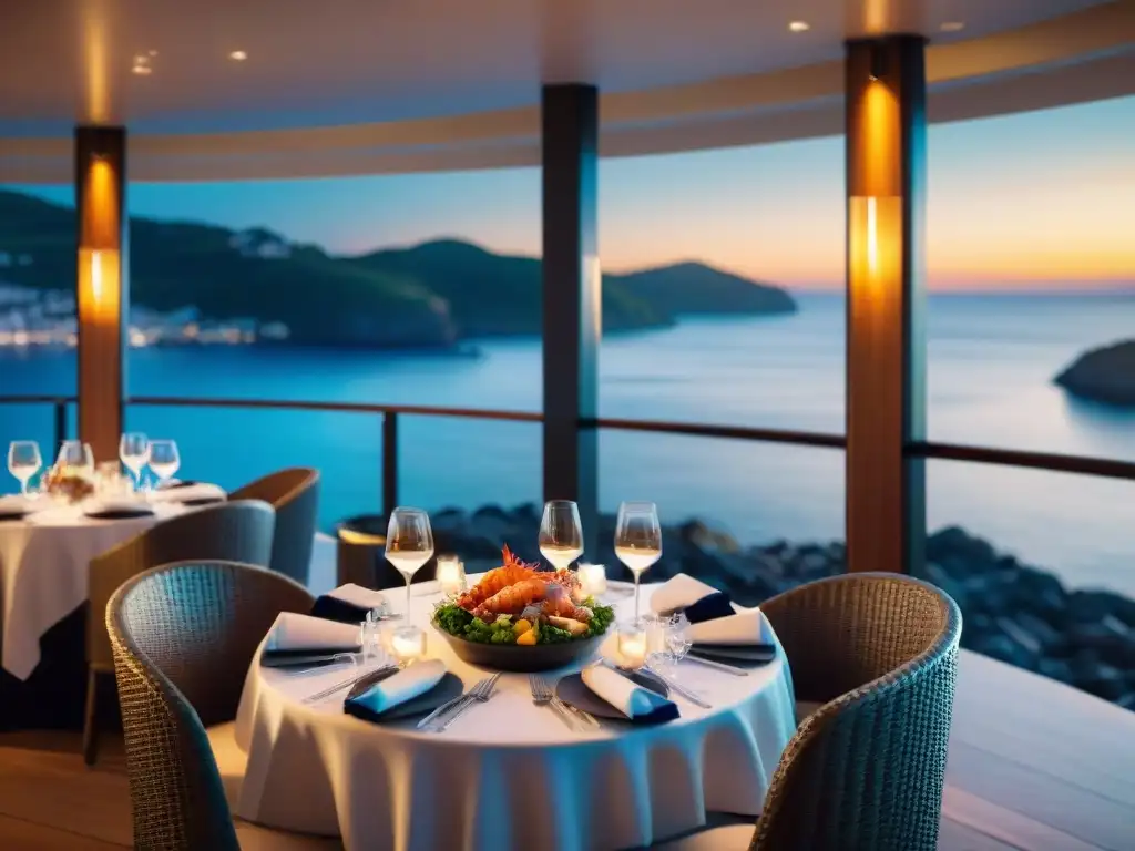 Exclusivo restaurante costero al atardecer: lujo y gastronomía Un restaurante costero exclusivo para paladares refinados disfrutando de una cena al atardecer