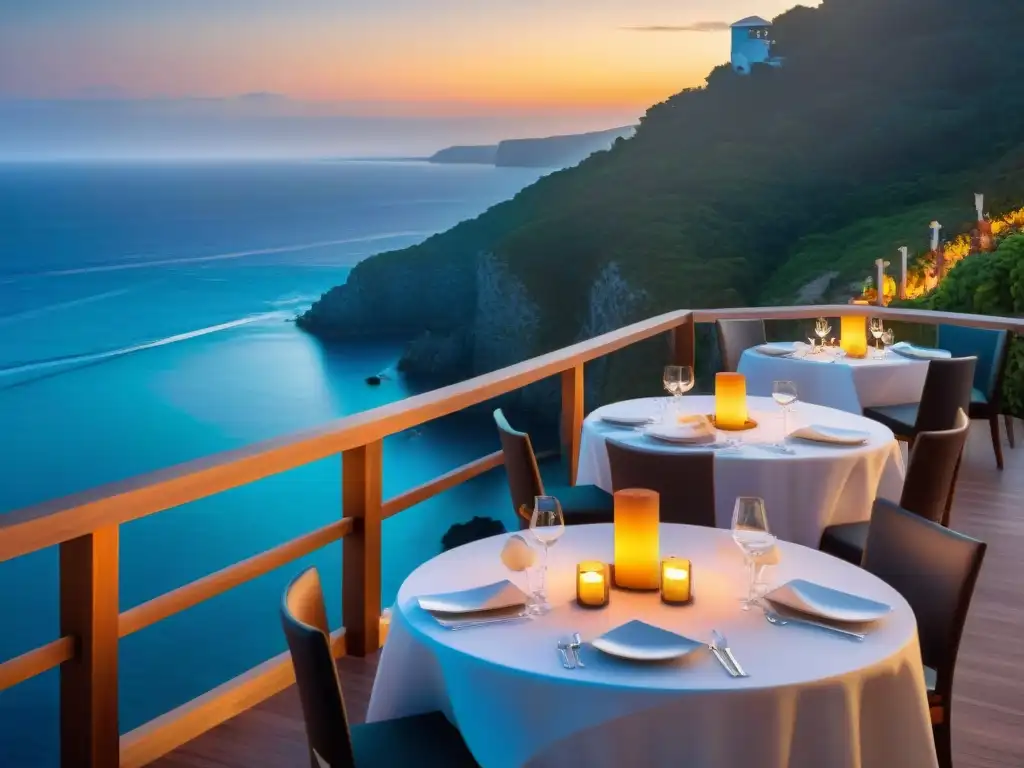 Restaurante costero exclusivo en acantilado al atardecer Un restaurante costero exclusivo para paladares refinados, con elegante terraza y vista al mar