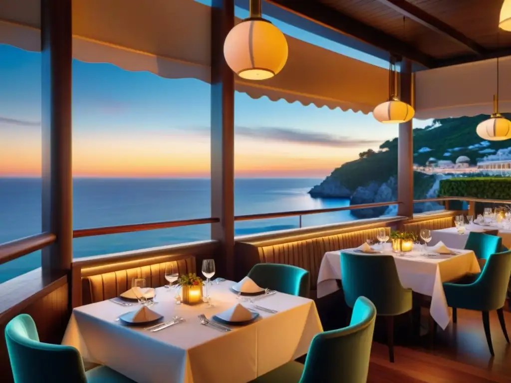 Restaurante costero de lujo al atardecer: sofisticación y exclusividad Un restaurante costero exclusivo para paladares refinados al atardecer