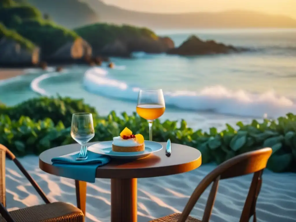 Exquisita cena sostenible frente al mar al atardecer Un restaurante costero sostenible en armonía con la naturaleza al atardecer