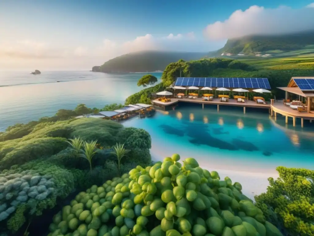 Restaurante sostenible en la costa: armonía entre naturaleza y cocina Un restaurante costero sostenible en armonía con la naturaleza, con paneles solares y jardín, sobre una playa con delfines