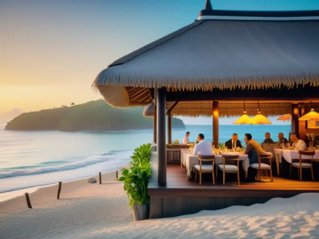 Restaurante sostenible en la playa al atardecer Un restaurante costero sostenible en armonía con el medio ambiente, con vista a la playa al atardecer