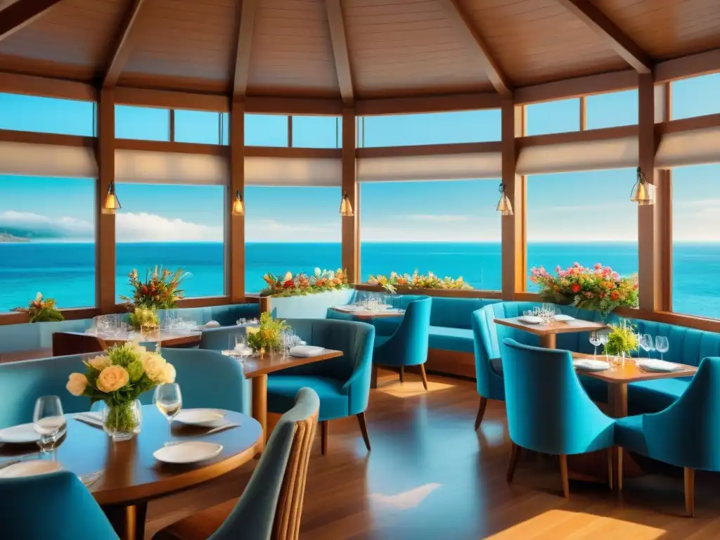 Restaurante costero sostenible: disfrutando del mar y deliciosos platillos Un restaurante costero sostenible con comensales disfrutando platos de mariscos, decoración elegante y detalles náuticos