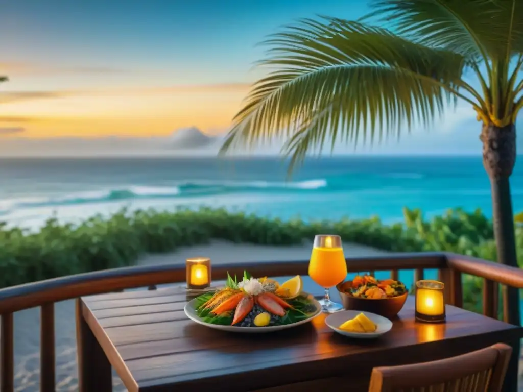 Experiencia culinaria en restaurante playero al atardecer Un restaurante escondido en la costa al atardecer, con platos únicos y ambiente tranquilo