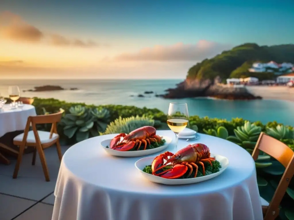 Exquisita cena de langosta en restaurante de playa al atardecer Un restaurante playero con mesas elegantes, decoración de langosta y chefs preparando delicias marinas al atardecer