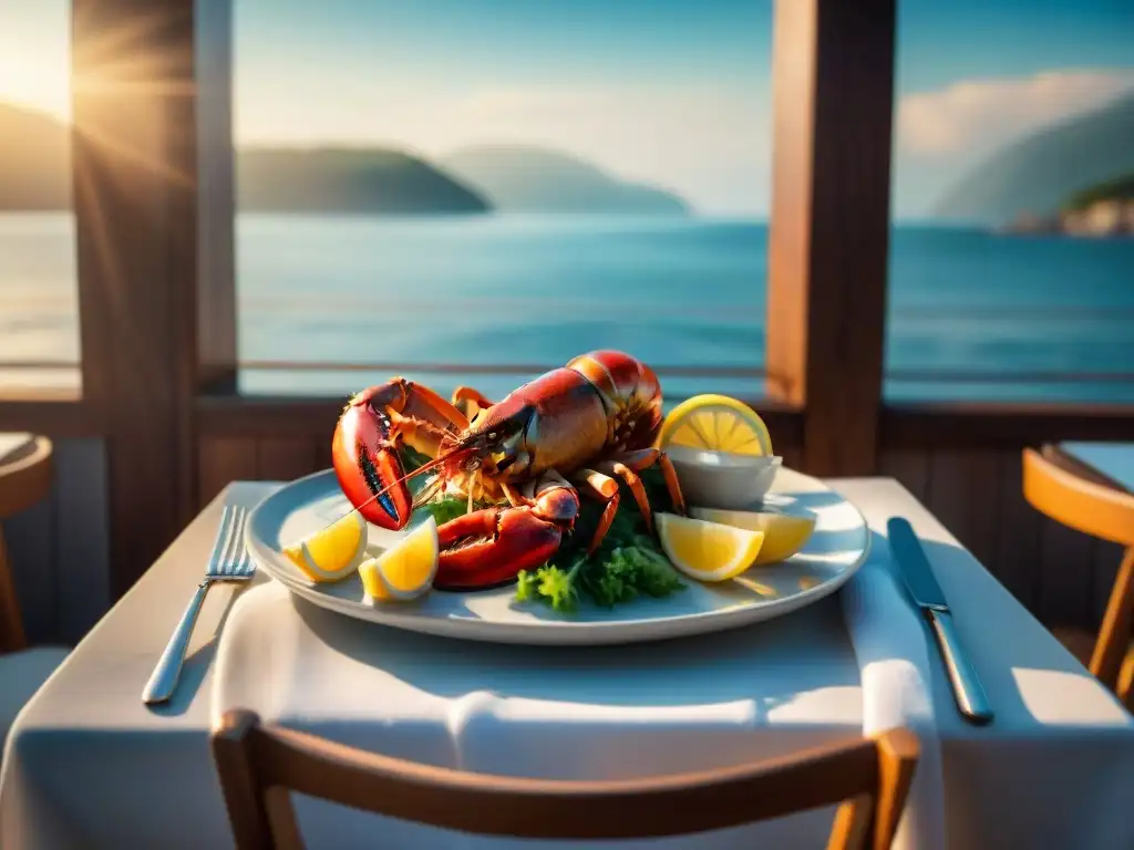 Exquisita cena de langosta al atardecer en restaurante costero Un restaurante rústico junto al mar con exquisitos platos de langosta y una vista costera pintoresca al atardecer