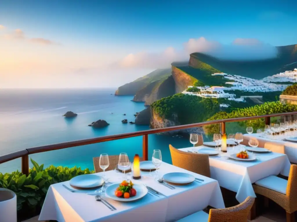 Restaurante de lujo en acantilado con chefs y atardecer Restaurantes costeros exclusivos para paladares: Restaurante de lujo en acantilado, chefs preparando exquisiteces y clientes disfrutando al atardecer