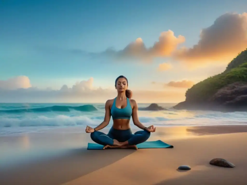 Yoga al amanecer: armonía y serenidad en la Costa Azul Retiro de bienestar en la Costa Azul: Grupo practicando yoga al amanecer en la playa, con el mar tranquilo y cielo colorido reflejado en el agua