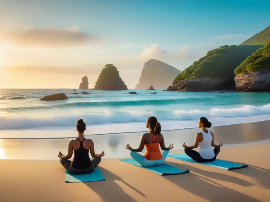 Yoga al amanecer en Costa Azul: armonía y serenidad Un retiro de bienestar en la costa azul: grupo variado practica yoga al amanecer en la playa, con aguas turquesas y sol naciente